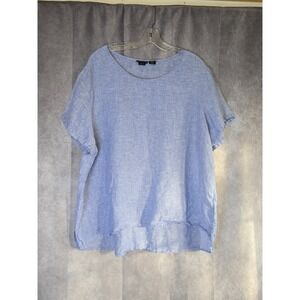 Tahari Women 100% Linen Short Sleeve Top 2X Blue Lagenlook Beachy Resort Coastal